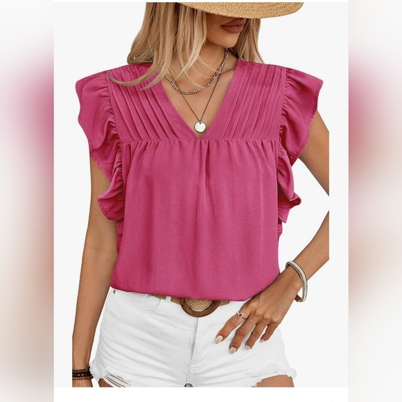 clarisbelle Tops - Pink Ruffled V-Neck Women's Top Size Small